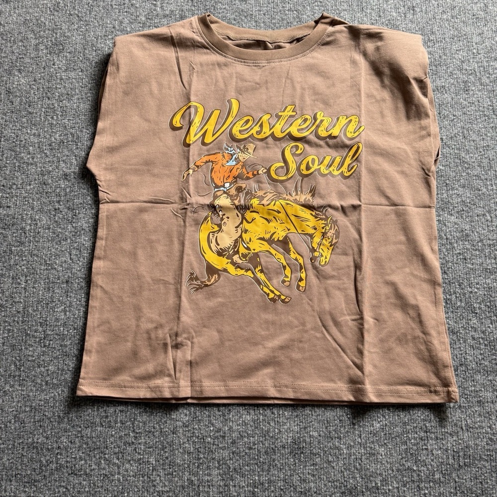 Western Soul Graphic T-Shirt Cowboy Bucking Bronco Rodeo Vintage Retro Brown Tee